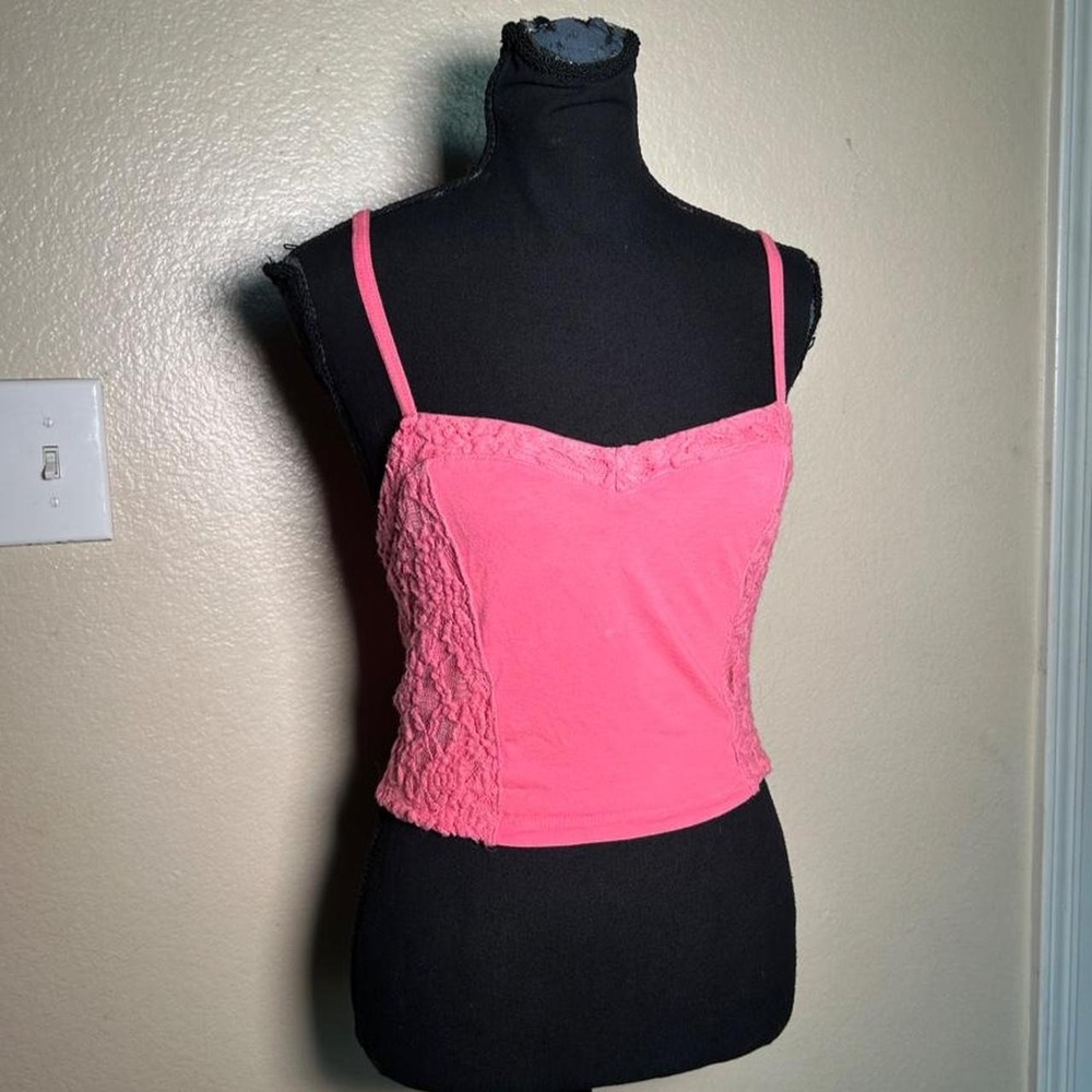 Hollister Cami Crop Top Pink Lace Trim Y2K Fitted Spaghetti Strap Tank Womens L